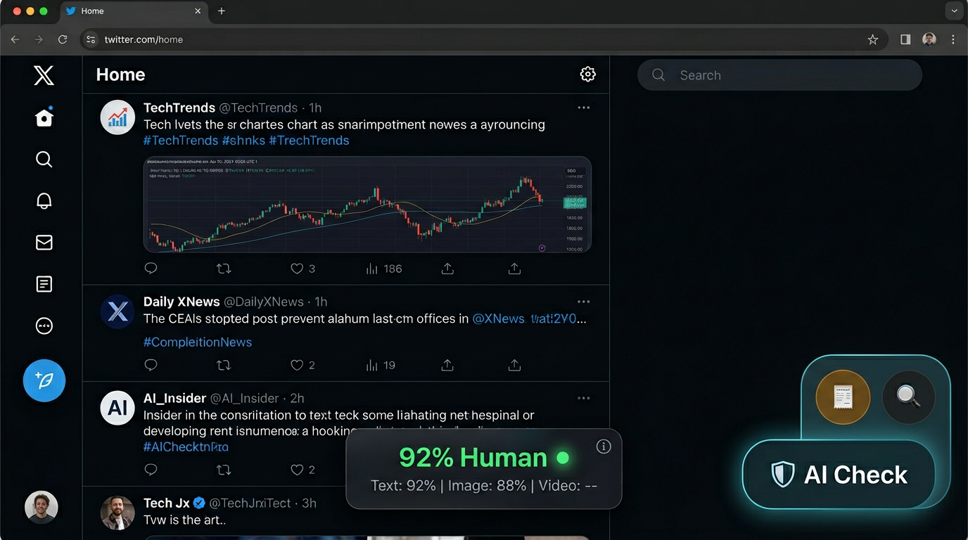 Twitter feed with AI Detector overlay showing 92% human verdict